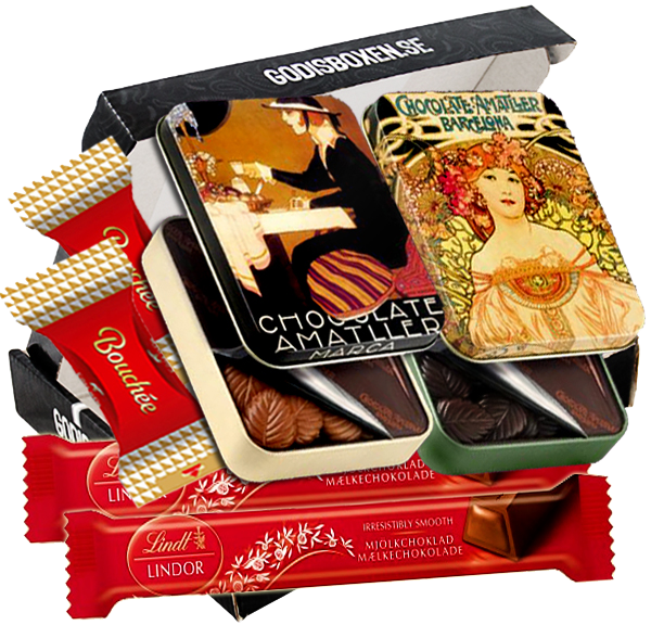 Godisbox med choklad i olika förpackningar