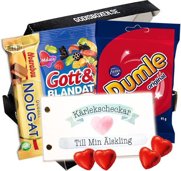 Godis och kärlekscheckar i presentbox