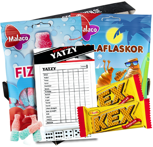 Godis och yatzyspel med tärningar
