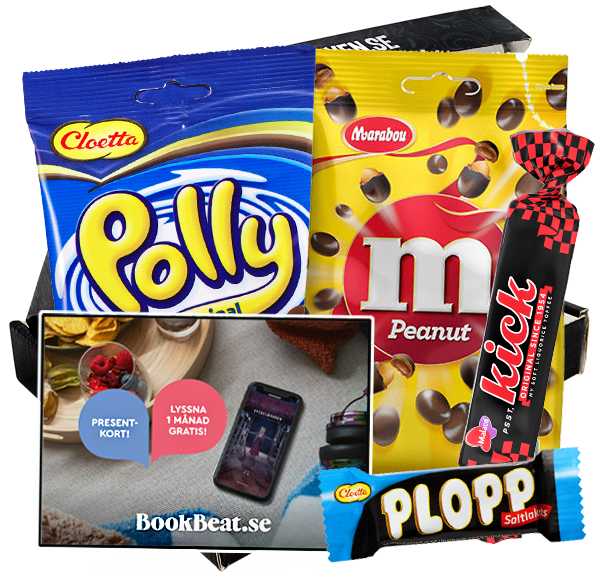 Presentbox med godis och presentkort på BookBeat
