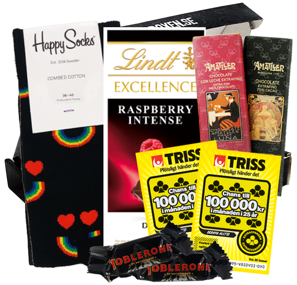 Presentbox med choklad trisslotter och strumpor