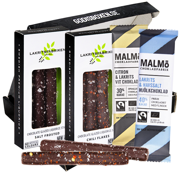 Lakrits och chokladlakrist i godisbox